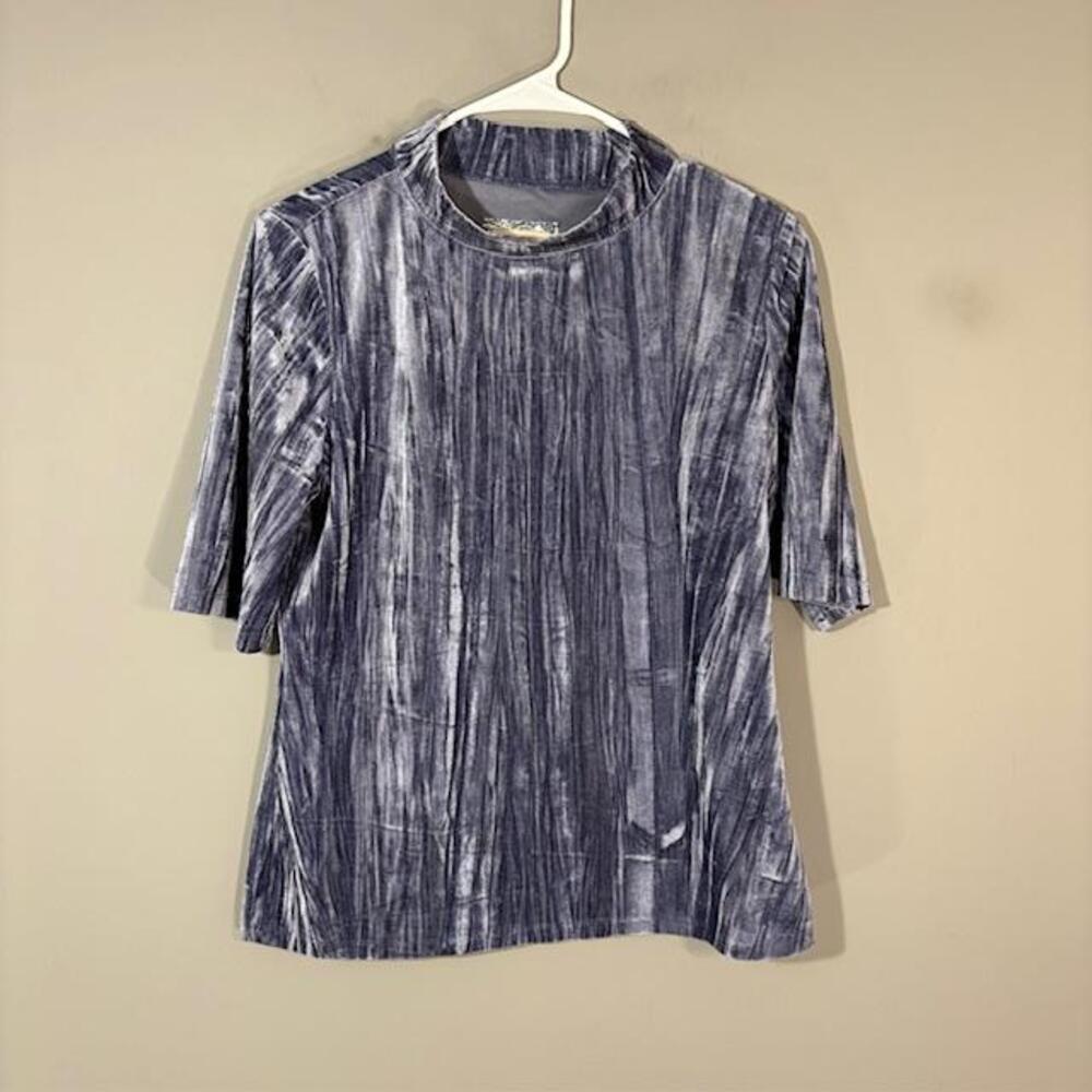 Pilcro T-Shirt Womens Medium Blue Crushed Velvet Mock Neck Short Sleeve Top